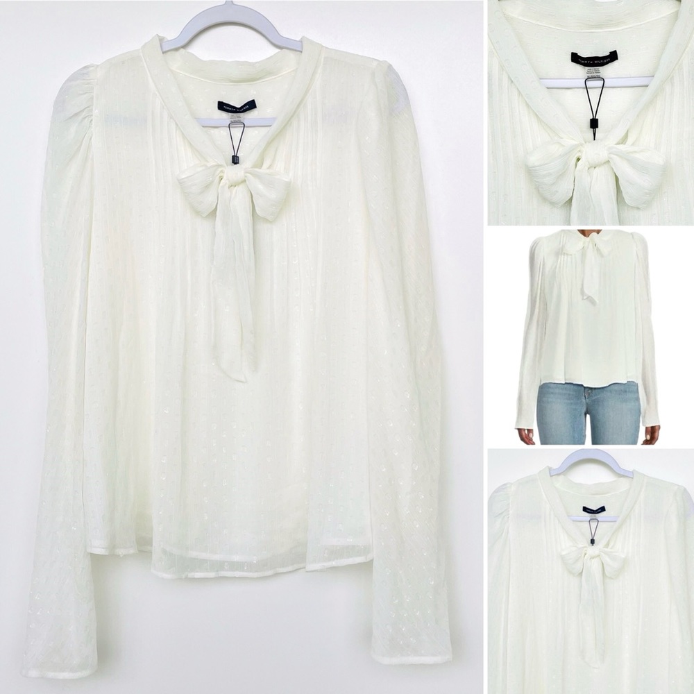 Tommy Hilfiger Georgette Shirt Tie-Neck Swiss Dot Textured Long Sleeve Pin-tuck
